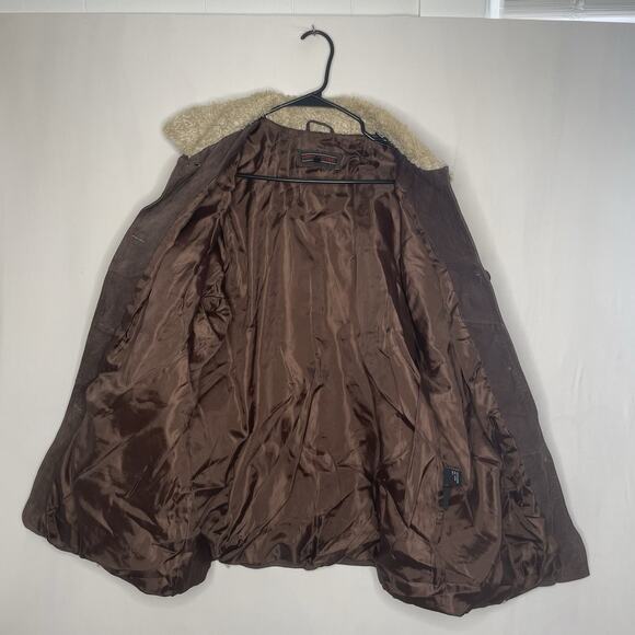 Y2K Genuine Leather Coat 1X Penny Lane Shearling Trim Brown Distressed Jacket - Picture 3 of 14